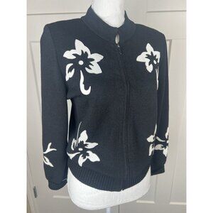 Vtg Toula Santana Knit Wool Zip Up Sweater Black & White Leather Women's Sz 8